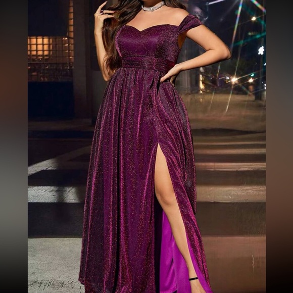 Luxe purple off shoulder glitter party formal evening gown dress - Picture 6 of 11